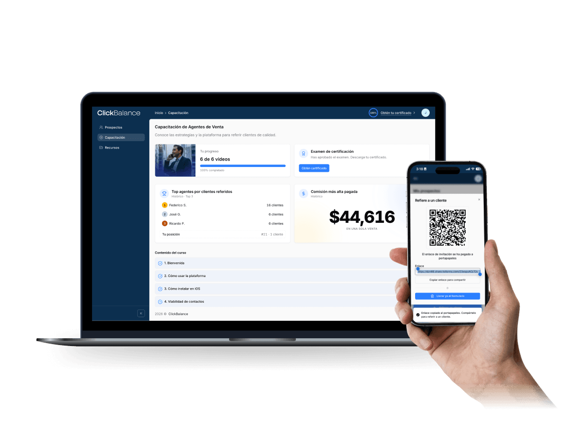 Plataforma de agente ClickBalance en laptop y teléfono: capacitación, prospectos y comisiones