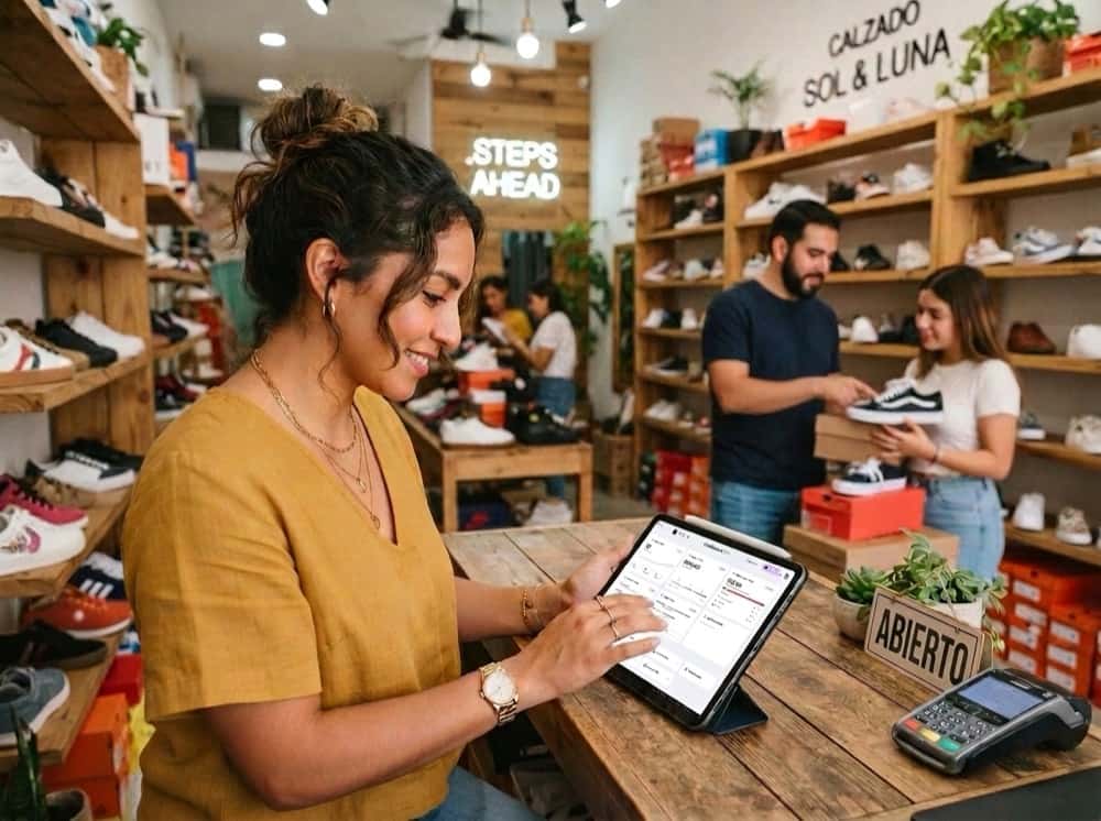 Dueña de negocio operando ClickBalance desde una tablet en su tienda